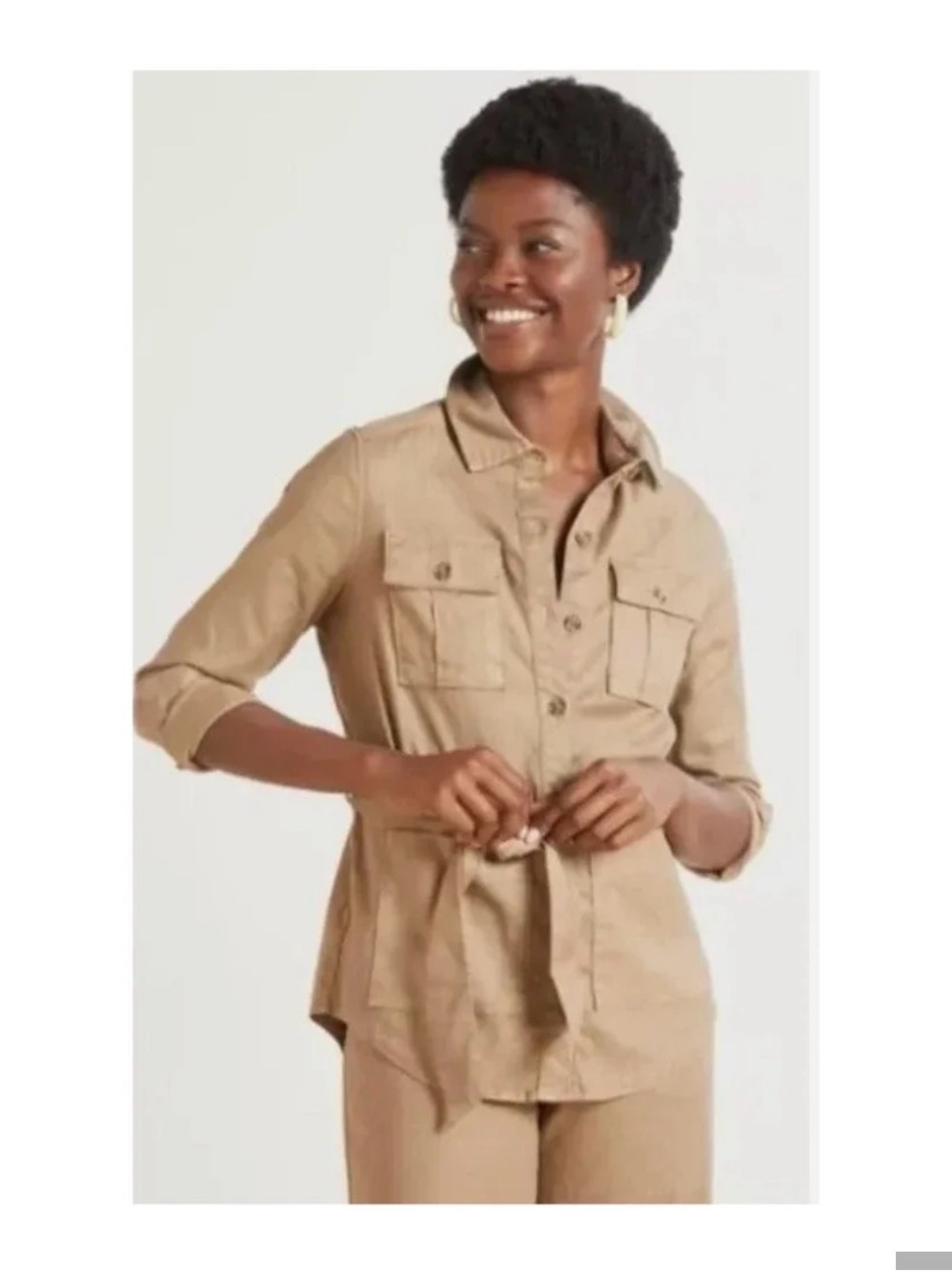 Level 99 Tan Utility Shirt Jacket with Self-Tie Waist